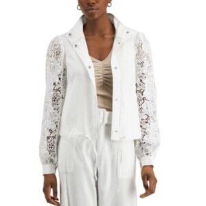 INC Women’s Lace Sleeve Stand Collar Jacket White-M